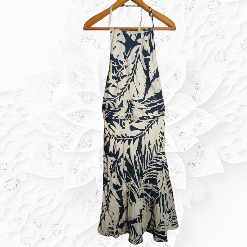 Ann Taylor 100% Silk White Halter Dress With Blue Flowers